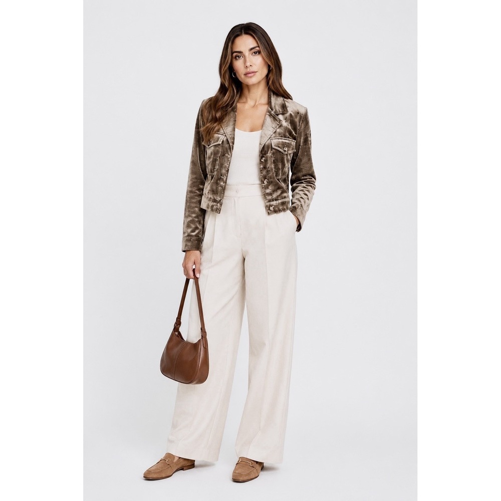 Cabi Velvet Utility Jacket M Taupe Shimmer Military Cropped Luxe Button Front - Picture 2 of 14